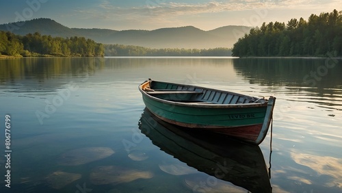 Tranquil lake scene with boat and mountain backdrop