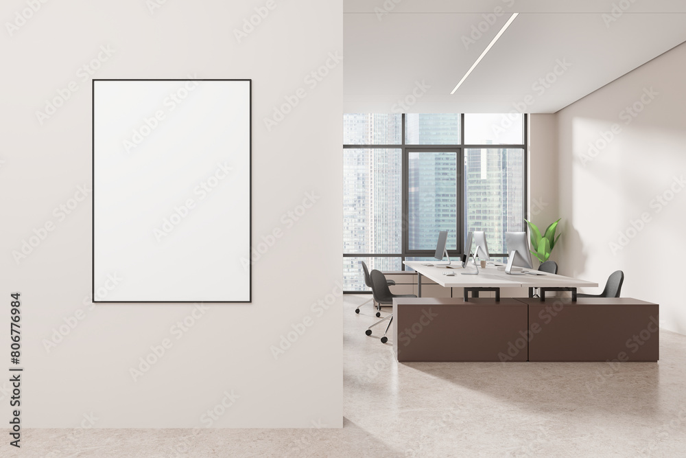 White open space office interior with wooden desks and poster White open space office interior with wooden desks and poster