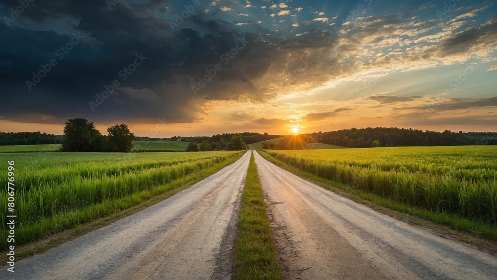 Serene sunrise over lush rural landscape with winding road