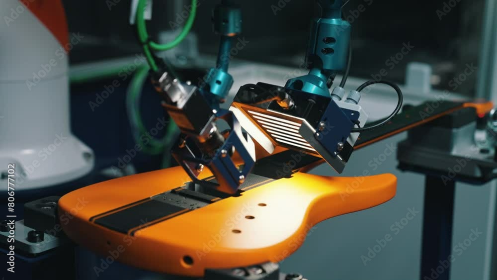 closeup of the robot arm checking the yellow guitar, musical instrument and modern technique. High quality 4k footage