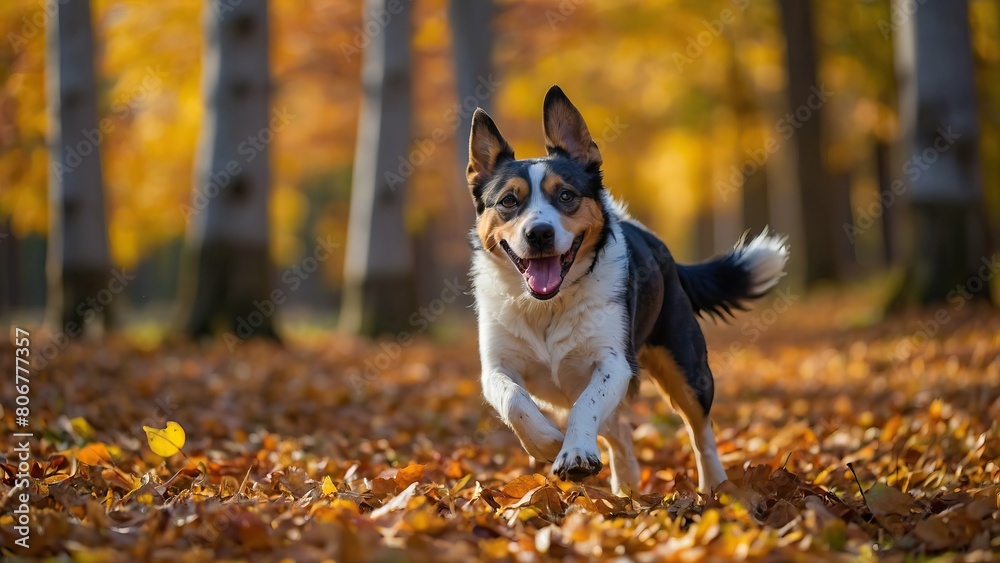 custom made wallpaper toronto digitalJoyful dog running through yellow autumn leaves in forest