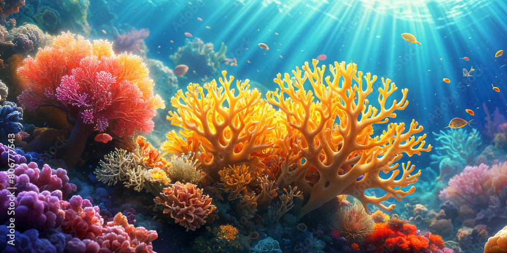 Fototapeta premium A vibrant underwater scene, featuring a coral reef teeming with colorful marine life and surrounded by a sunlit sky.