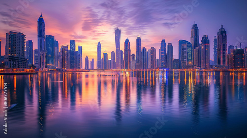 City Skyline The iconic skyline of a bustling metropolis at dusk with towering skyscrapers illuminated by the warm glow of city lights reflecting in the calm waters of a nearby river. © Sajawal