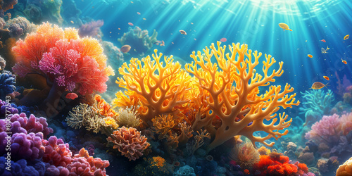 A vibrant underwater scene  featuring a coral reef teeming with colorful marine life and surrounded by a sunlit sky.
