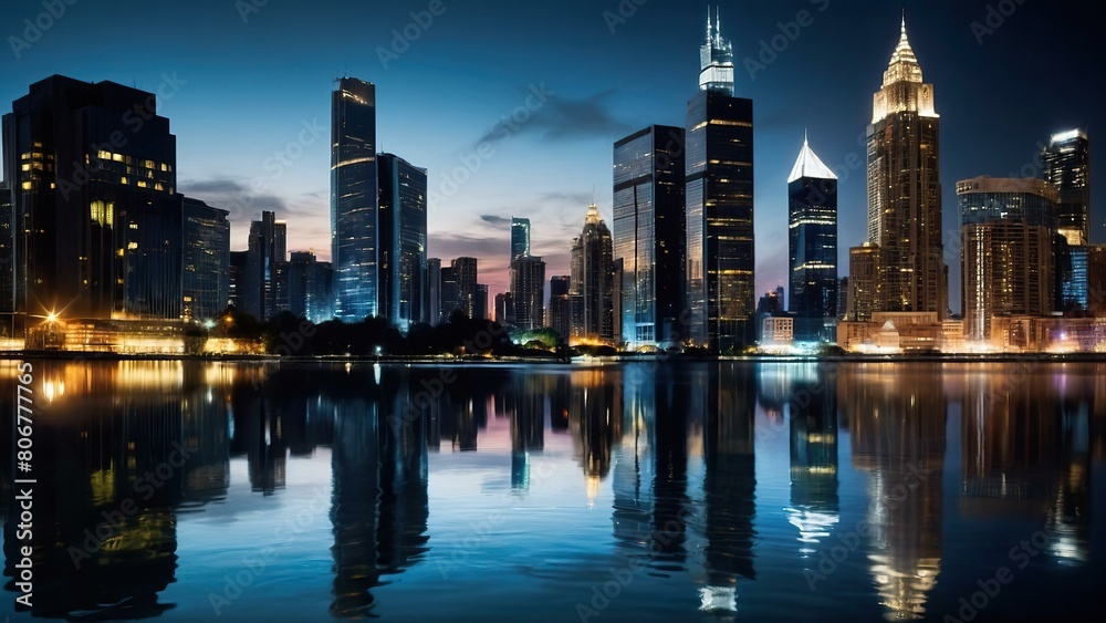 Twilight cityscape reflected on tranquil water surface