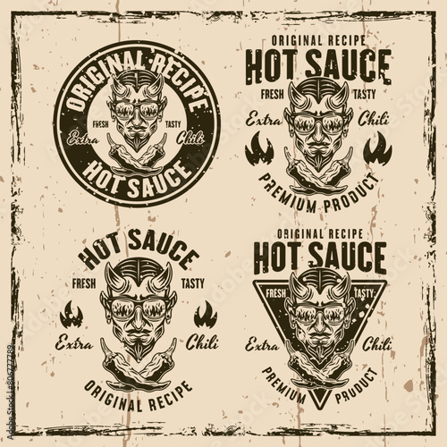 Hot sauce set of vector emblems, badges, labels or prints. Illustration on background with grunge textures and frame