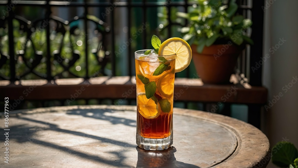 Sunlit iced tea with lemon and mint on a wrought iron patio table Sunlit iced tea with lemon and mint on a wrought iron patio table