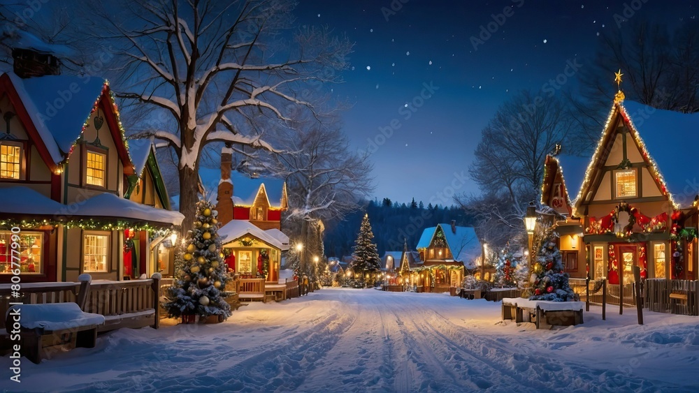 Snowy evening in a festive, illuminated Christmas village Snowy evening in a festive, illuminated Christmas village