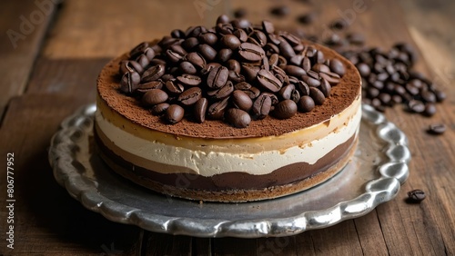 Exquisite tiramisu cheesecake adorned with coffee beans photo