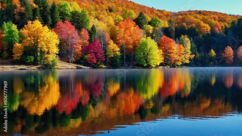 Autumnal lake with colorful foliage reflecting on water