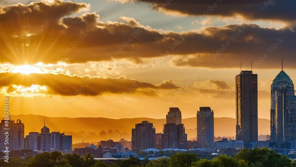 Fototapeta premium Warm golden hour sunlight over an urban skyline at sunset