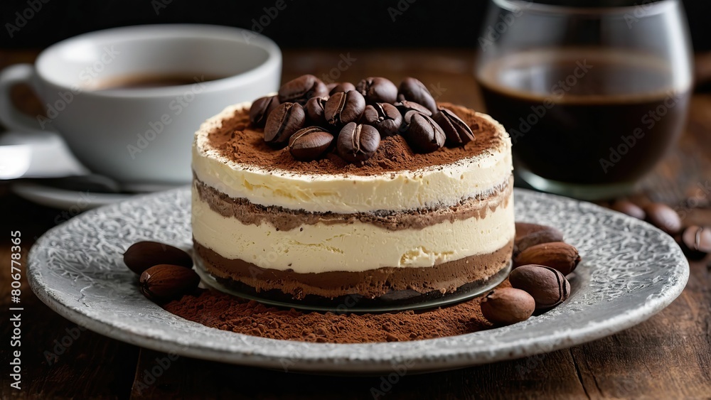 Exquisite tiramisu cheesecake adorned with coffee beans Exquisite tiramisu cheesecake adorned with coffee beans