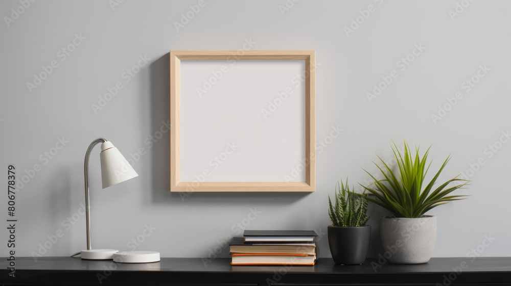 Frame mockup on a light grey wall in a minimalist styled room, accented by a small, stylish shelf, Frame mockup on a light grey wall in a minimalist styled room, accented by a small, stylish shelf,