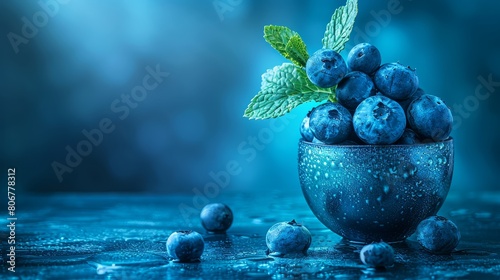  A tight shot of a bowl filled with plump blueberries on a table Water droplets glisten on the surface, reflecting their surroundings A mint sprig adds a fresh touch