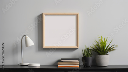 Frame mockup on a light grey wall in a minimalist styled room, accented by a small, stylish shelf, © FoxGrafy