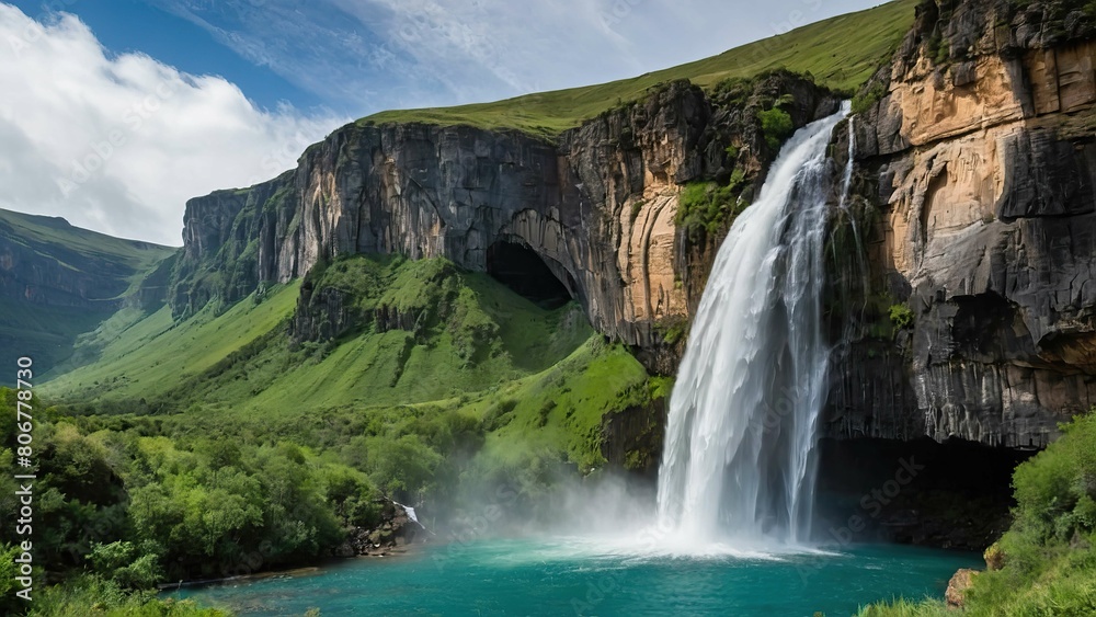 Waterfall cascading into a serene crystal clear pool surrounded by greenery Waterfall cascading into a serene crystal clear pool surrounded by greenery