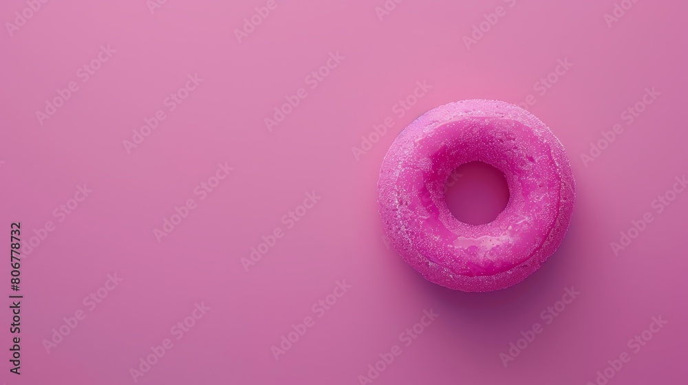 A pink donut atop a pink surface, featuring a central hole in its midst A pink donut atop a pink surface, featuring a central hole in its midst