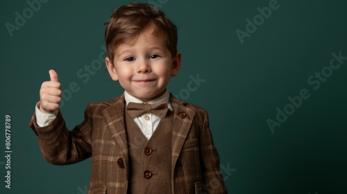 Cheerful young boy in a vintage suit gives a thumbs up against a teal backdrop