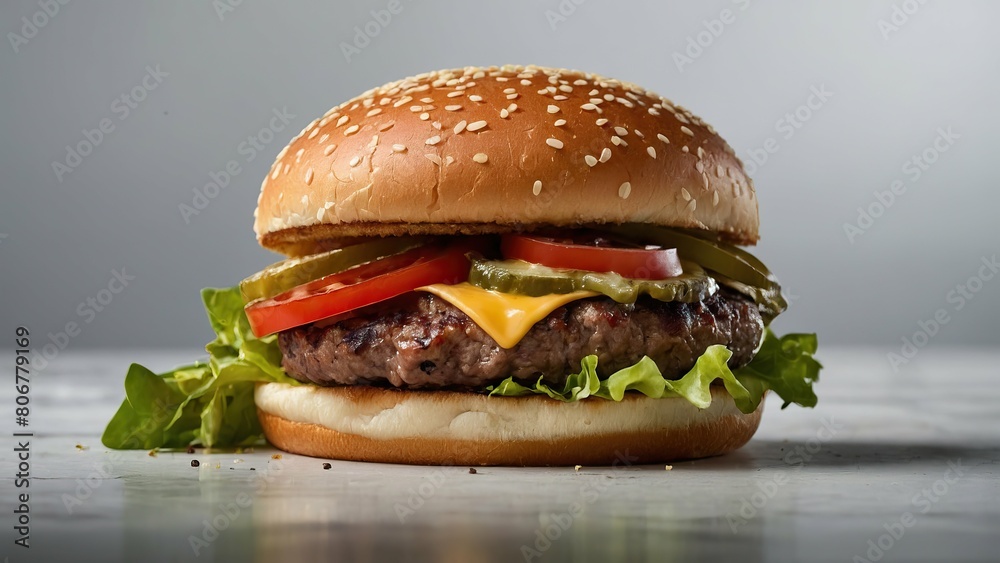 Juicy burger with toppings and melted cheddar on a sesame bun Juicy burger with toppings and melted cheddar on a sesame bun