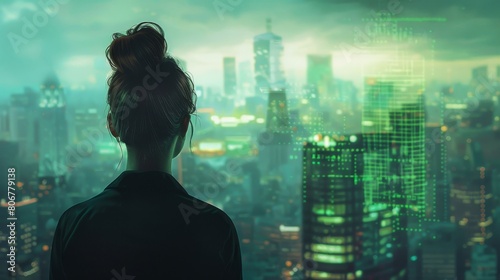 Illustrate a businesswoman facing a futuristic urban skyline