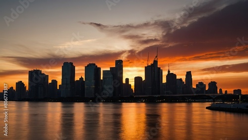 Silhouetted city skyline against a vibrant  fiery sunset
