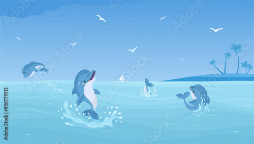 Dolphins in ocean. Dolphin jump from water, exotic sea view landscape. Seasonal marine panorama, wild nature and travel, nowaday vector background