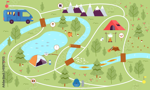 Cartoon camping map. Seasonal adventures on nature. Camp infographics with transport, lake and tents. Planning hiking, decent vector background