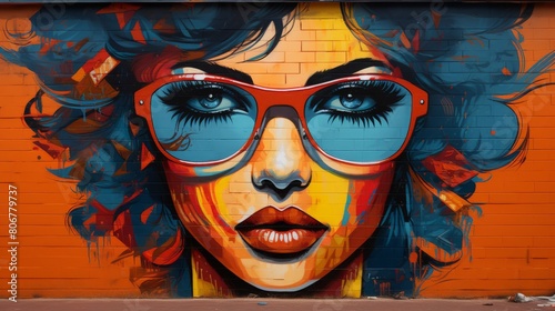 A vibrant mural of a woman with striking blue hair and stylish sunglasses