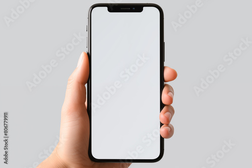 mockup hand holding mobile smartphone with blank, white empty screen