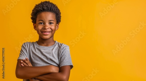 Cheerful Boy with Yellow Background photo