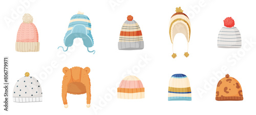 Cartoon winter hats. Warm seasonal hat and cap. Isolated knit head accessories for cold weather for adults and children. Snugly vector collection