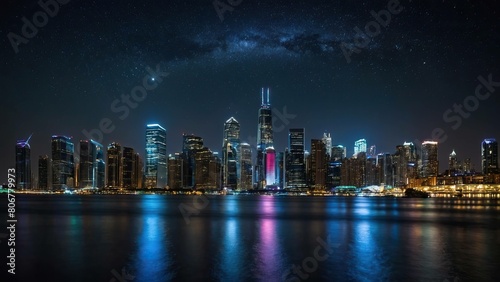 City skyline with twinkling stars and radiant skyscrapers at night