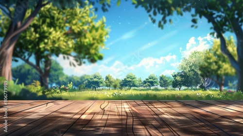 Blurred City Park With An Empty Wooden Table, Cartoon Background