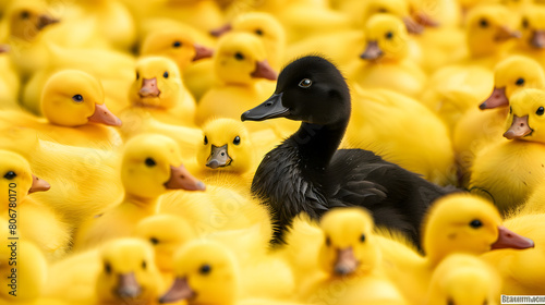 Standing Out of the Crowd. Black Duck Among Yellow Ducks