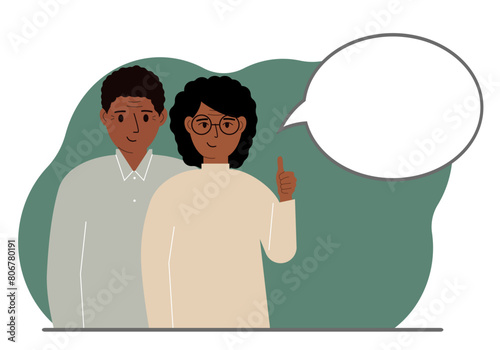 A man and woman couple dream and plan. Next to the couple is a large thought bubble. Vector flat illustration.