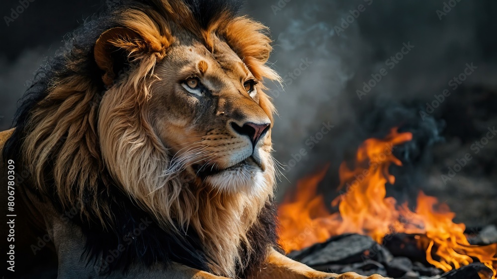 Obraz premium Majestic lion before a backdrop of raging flames