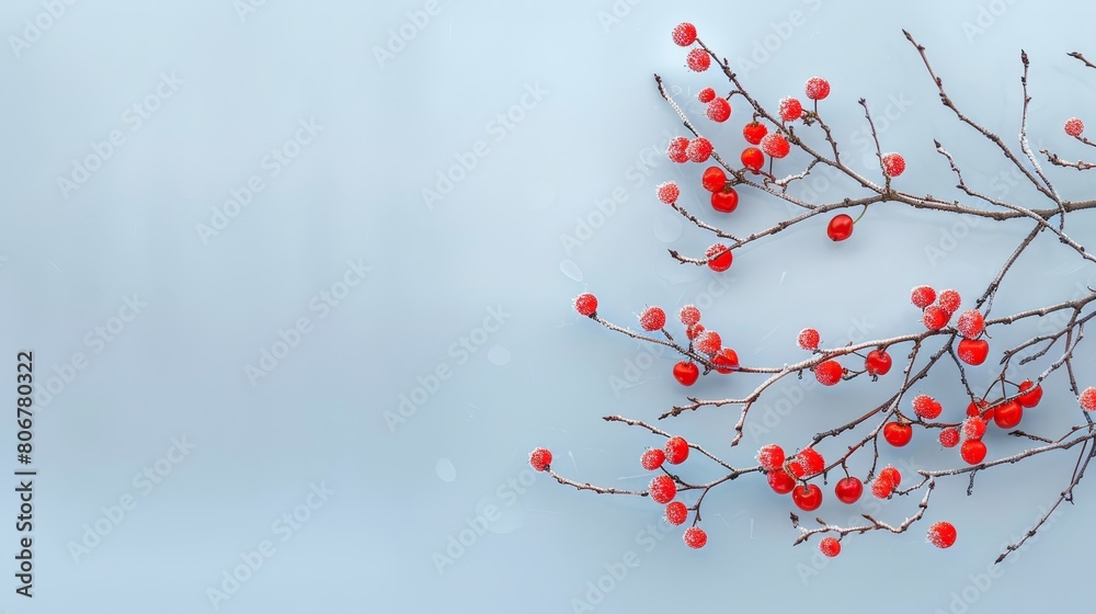   A branch bearing red berries against a light blue backdrop, featuring a distinct spot in its midst