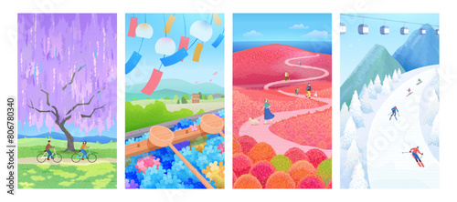Beautiful Japan travel wallpaper set with breathtaking four seasons landscape and outdoor activities .