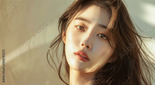 Korean beauty model with natural makeup, medium hair, smooth skin, sunlight shining on her face