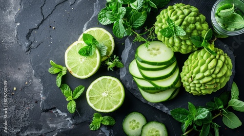   Limes, cucumbers, and two mint bunches are arranged on a black slate surface