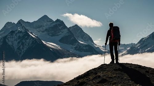 Silhouette of a hiker against a dramatic mountain backdrop