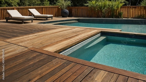 Luxury infinity pool with wooden deck on a serene sunny day