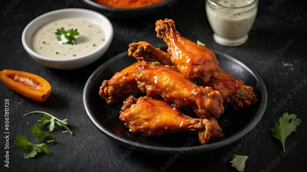 Spicy buffalo wings on a plate with dipping sauce Spicy buffalo wings on a plate with dipping sauce