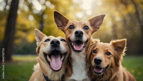 group of happy dogs pose outdoors in a natural mountain setting