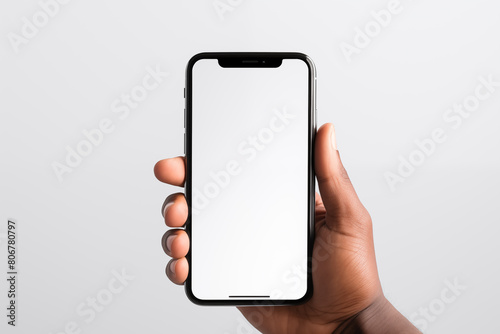 mockup hand holding mobile smartphone with white blank, empty screen