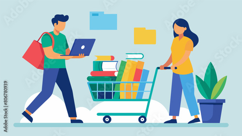 A student pushing a shopping cart filled with textbooks and supplies while another student stands next to them with only a laptop representing the. Vector illustration