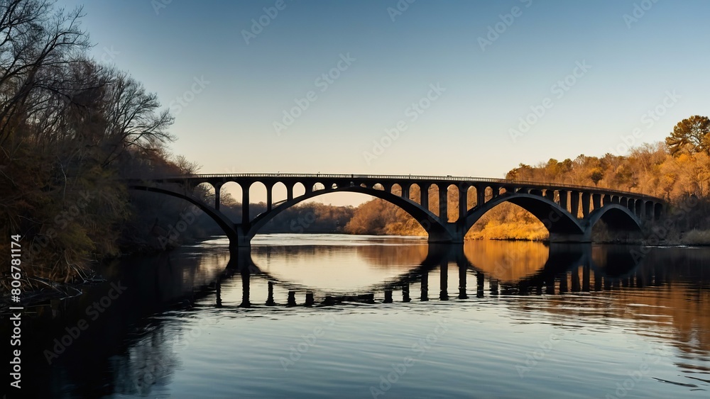 Obraz premium Curved bridge spanning over a river with reflection at sunset