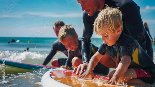 Profesor de Surf con sus alumnos  de 8 años practicando en el mar photo