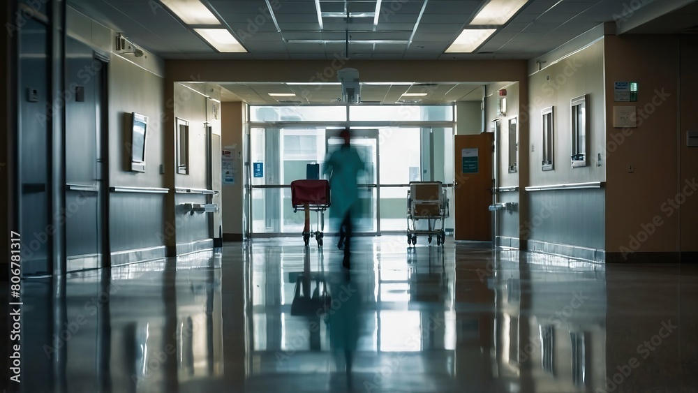 Motion blur captures a fleeting moment in a busy hospital corridor