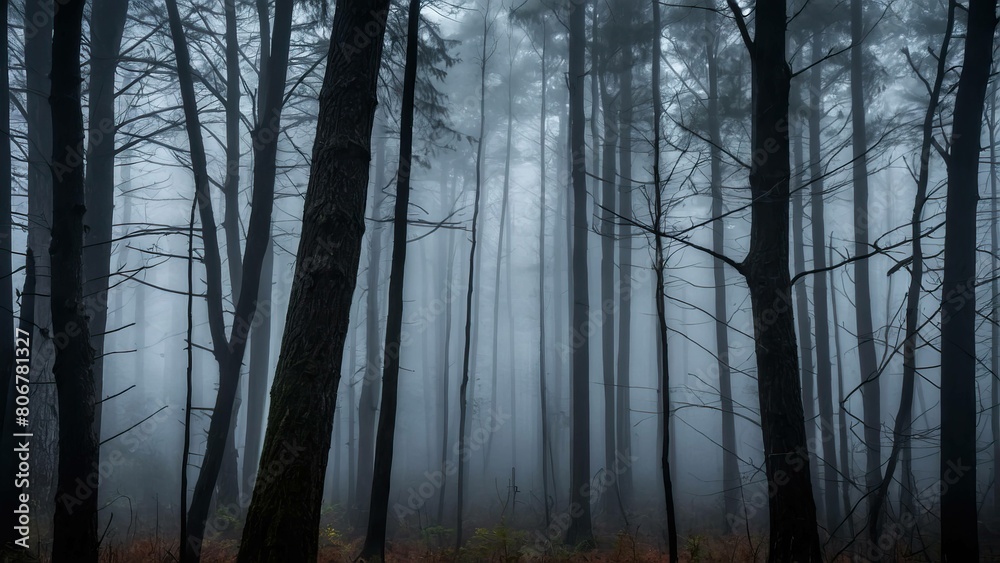 Mysterious fog enveloped forest with towering trees Mysterious fog enveloped forest with towering trees